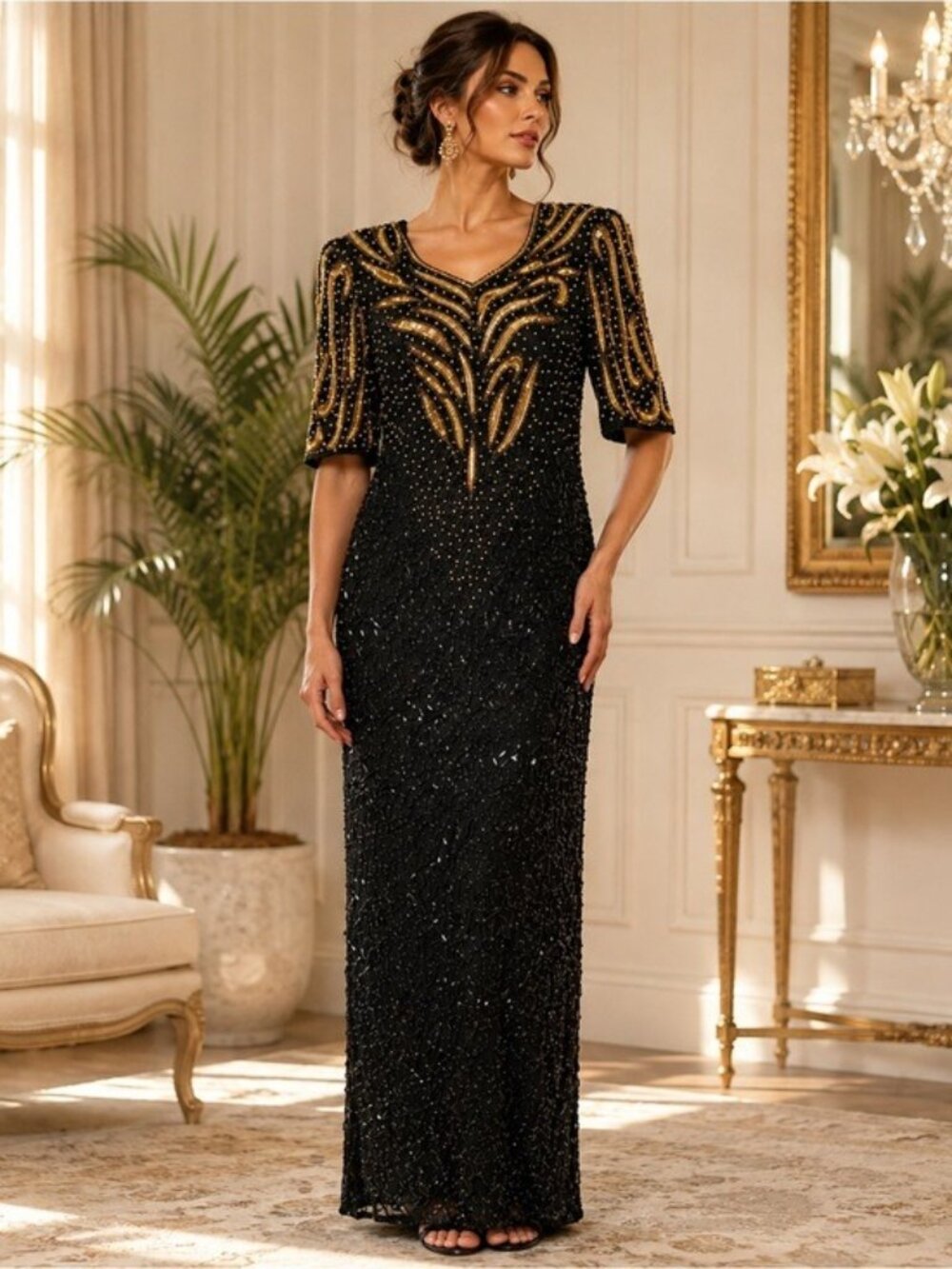 Vintage Mark & John Gopal Black Gold Beaded Sequin Evening Gown XL 80s Glam